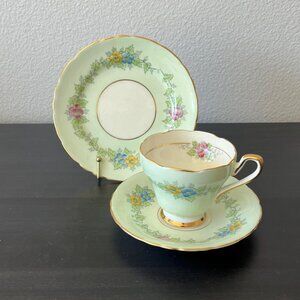 Mint Green Floral Tea Cup & Plate Set // Delphine China England // Floral Design